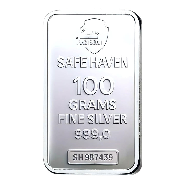 100 grams fine silver bar from Safe Haven on a white background
